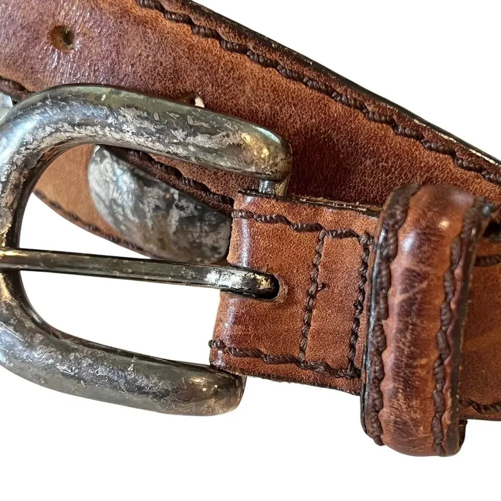 Vintage Leather Concho Belt Brown Silver Oval Discs Size 36 Western
